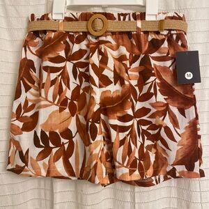 NWT Messini Medium Women’s Shorts Elastic Belted Fall Leaves White Brown